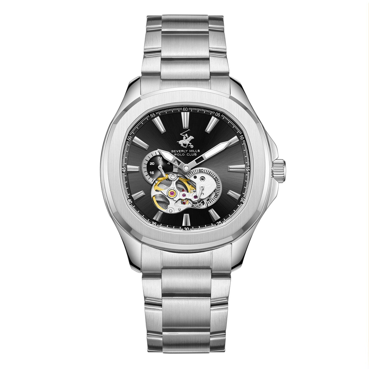 Beverly Hills Polo Club Men's Automatic Watch Analog Black Dial with Silver Stainless Steel Band, BP3728X.361