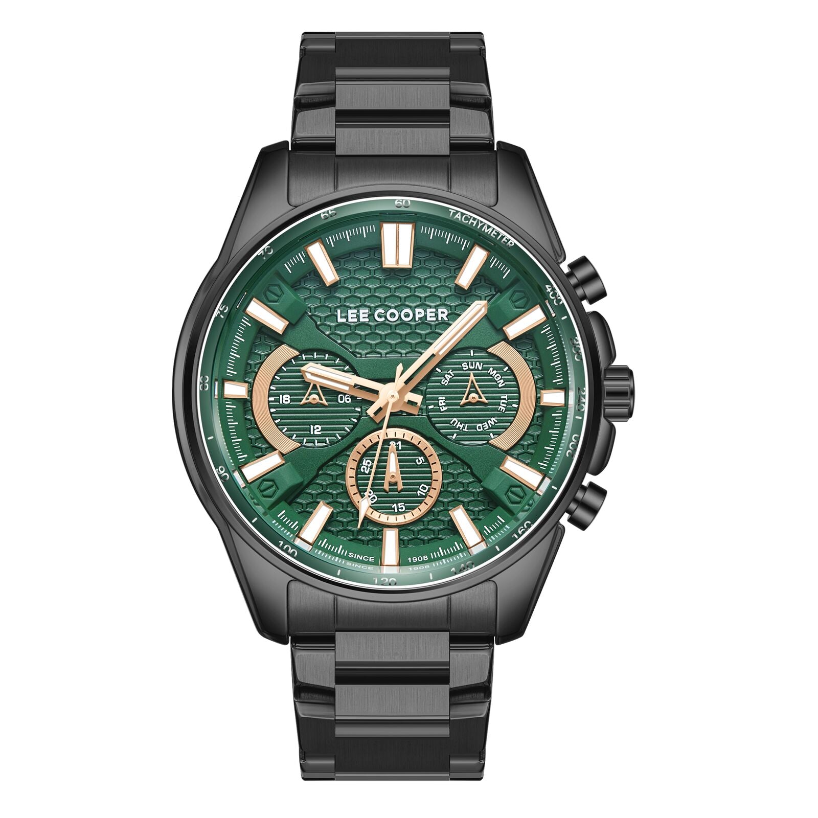 Lee Cooper Men's Watch Analog Green Dial with Black Stainless Steel Band, LC08090.070
