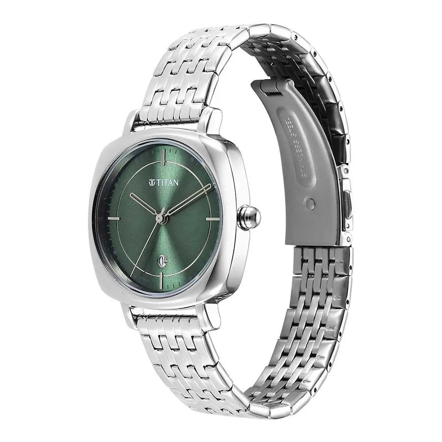 Titan Shaped Cases Women's Watch Green Dial With Silver Stainless Steel  Band, 2730SM01