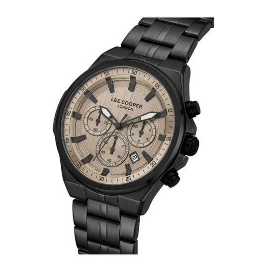 Lee Cooper Men's Multifunction Watch with Beige Dial and Gunmetal Stainless Steel Band, LC08273.060