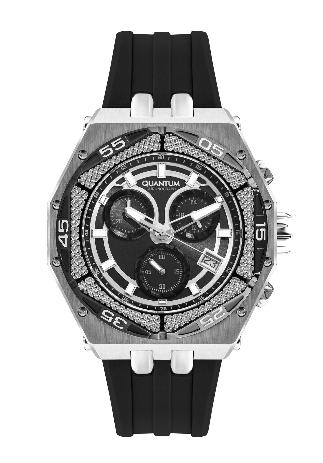 Quantum Men's Chronograph Watch Analog Black Dial with Black Silicone Band, HNG1066.351