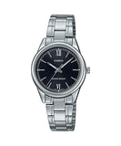 Casio, Womenâ€™s Watch Analog, Black Dial Silver Stainless Band, LTP-V005D-1B2UD