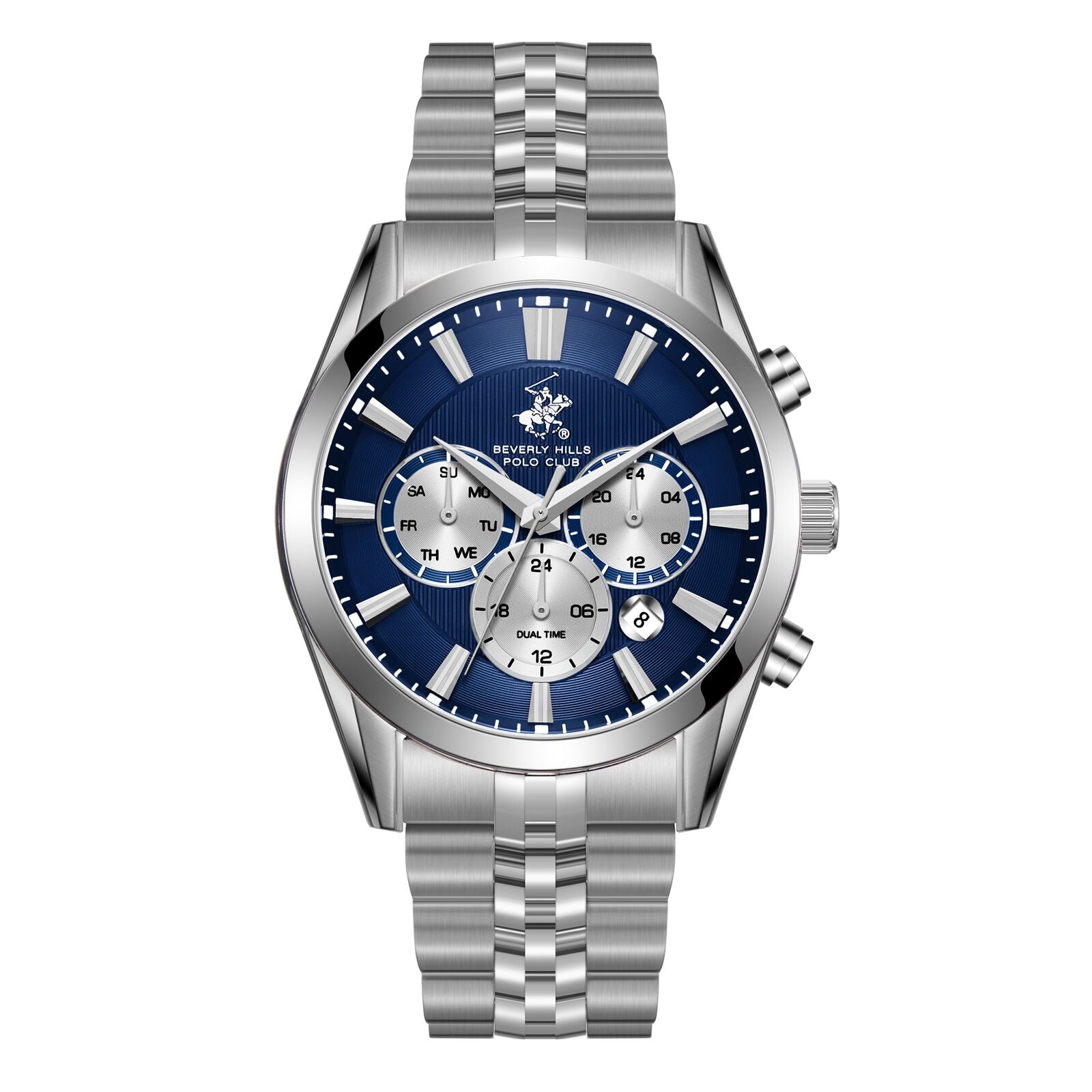Beverly Hills Polo Club Men's Watch Analog Blue Dial with Silver Stainless Steel Band,  BP3782X.390