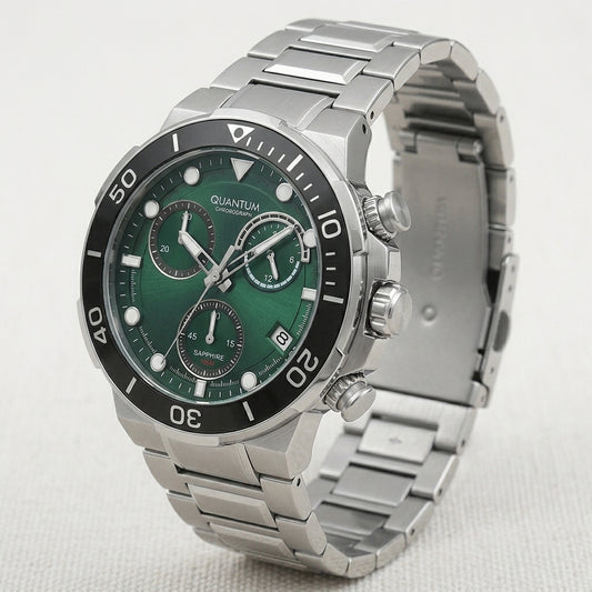Quantum Men's Chronograph Watch Green Dial Silver Metal Band, HNG1150.090
