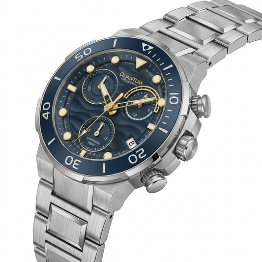 Quantum Men's Chronograph Watch Blue Dial Silver Metal Band, HNG1150.200