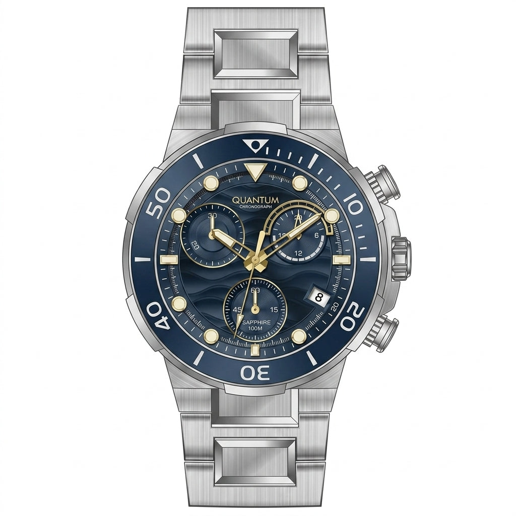 Quantum Men's Chronograph Watch Blue Dial Silver Metal Band, HNG1150.200