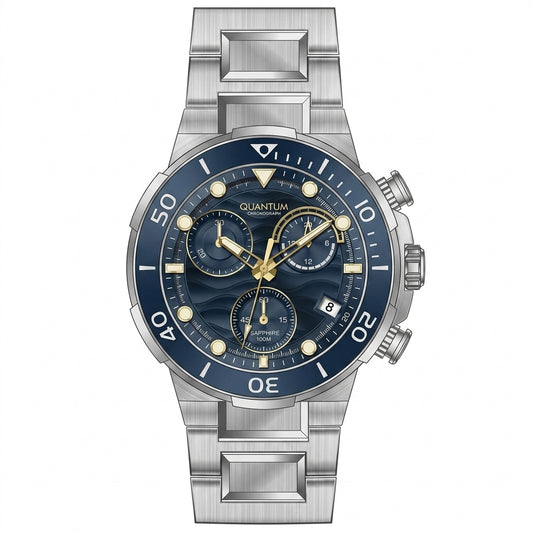 Quantum Men's Chronograph Watch Blue Dial Silver Metal Band, HNG1150.200