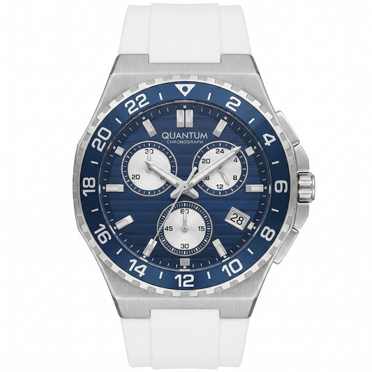 Quantum Men's Chronograph Watch Dark Blue Dial White Silicone Band, PWG1147.393