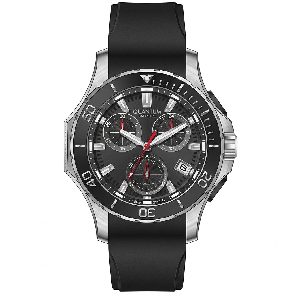 Quantum Men's Chronograph Watch Black Dial Black Silicone Band, HNG1282.351