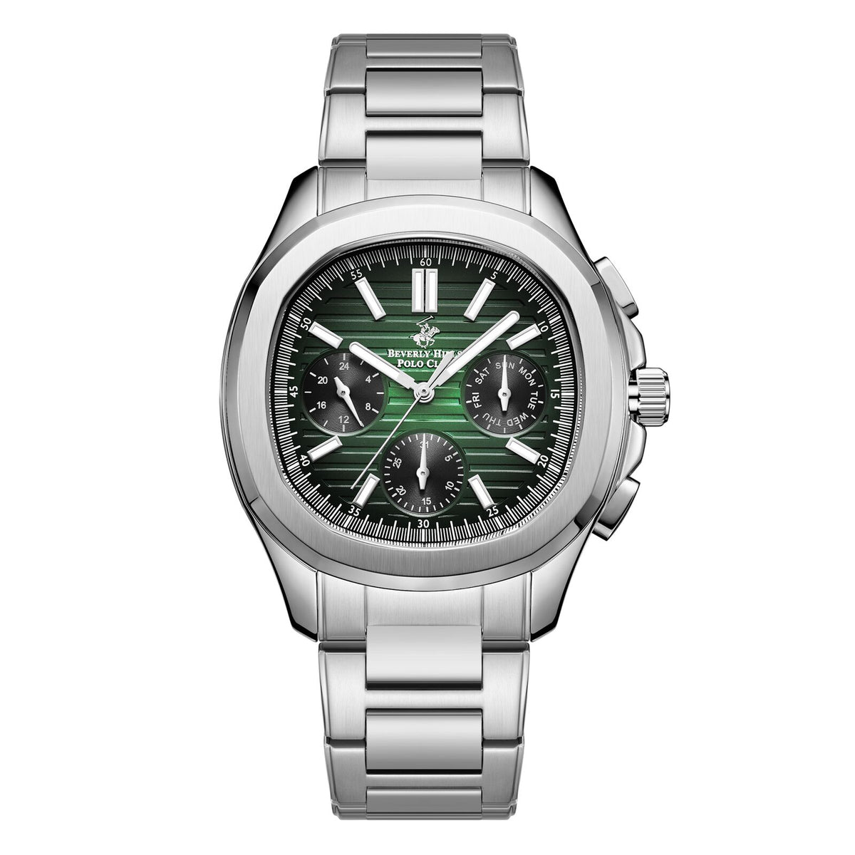 Beverly Hills Polo Club Men's Watch Analog Green Dial with Silver Stainless Steel Band, BP3212X.370