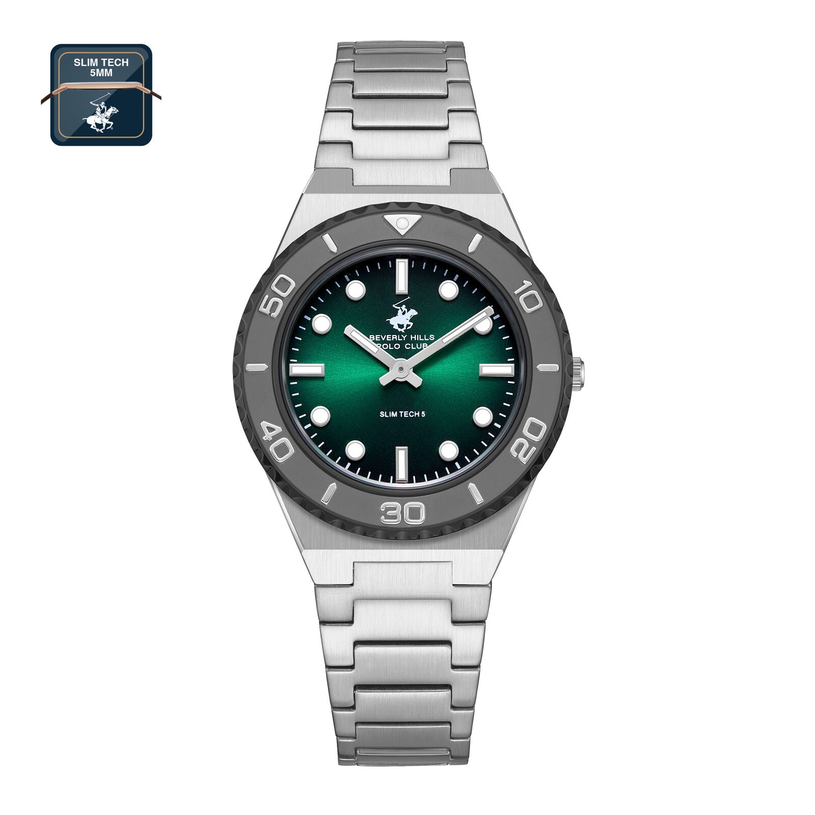 Beverly Hills Polo Club Slim Tech 5 Women's Watch Analog Green Dial with Silver Stainless Steel Band, BP3713X.370