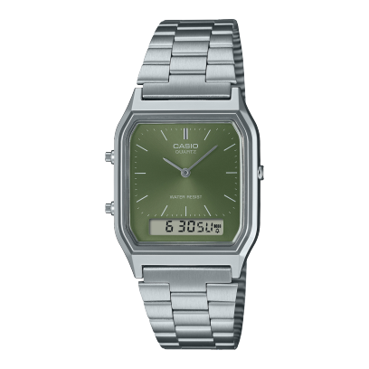 Casio unisex analog watch, black dial with silver stainless steel band, model CS-AQ-230A-3AMQYDF, Bahrain