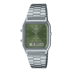 Casio Vintage Unisex Watch Analog-Digital Green Dial With Silver Stainless Steel Band, AQ-230A-3AMQYDF