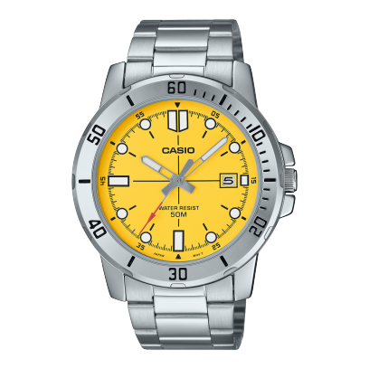 Casio Men's Watch Analog Yellow Dial With Silver Stainless Steel Band, MTP-VD01D-9EVUDF