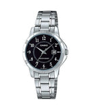 Casio, Womenâ€™s Watch Analog, Black Dial Silver Stainless Steel Band, LTP-V004D-1BUDF