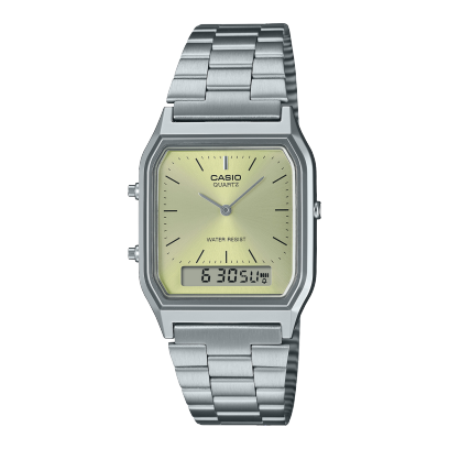 Casio unisex analog watch, green dial with silver stainless steel band, model CS-AQ-230A-9AMQYDF, Bahrain