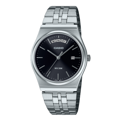Casio men analog watch, black dial with silver stainless steel band, model CS-MTP-B146D-1AVDF, Bahrain