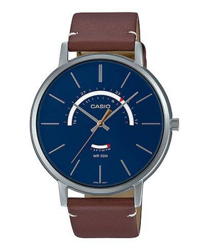 Casio, Menâ€™s Watch Analog, Blue Dial Brown Leather Band, MTP-B105L-2AVDF