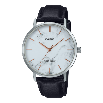 Casio men analog watch, white dial with black leather strap, model CS-MTP-VT01LM-7AUDF, Bahrain