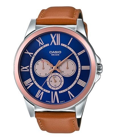 Casio, Men's Watch Analog, Blue Dial Brown Leather Band, MTP-E318L-2BVDF