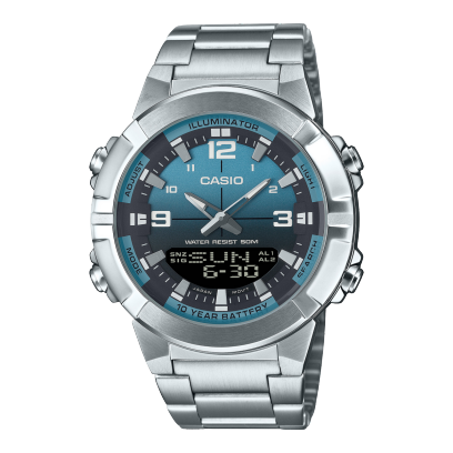 Casio men analog watch, blue dial with silver stainless steel band, model CS-AMW-870DA-2A2VDF, Bahrain