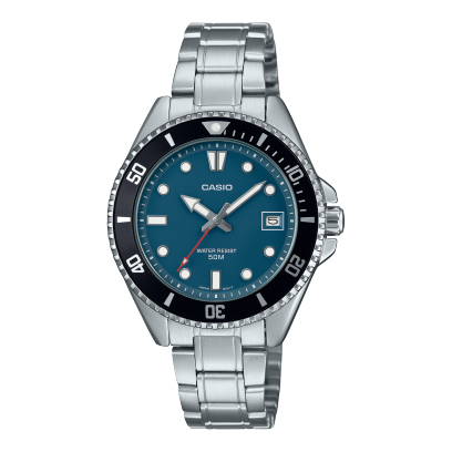 Casio men analog watch, blue dial with silver stainless steel band, model CS-MDV-10D-2A1VDF, Bahrain