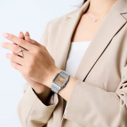 Casio Vintage Unisex Watch Analog-Digital Beige Dial With Silver Stainless Steel Band, AQ-230A-4AMQYDF