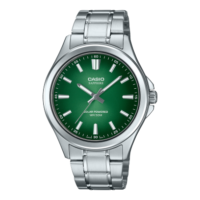 Casio Sapphire Men's Solar Powered Watch Analog Green Gradient Dial with Silver Stainless Steel Band, MTS-RS100D-3AVDF