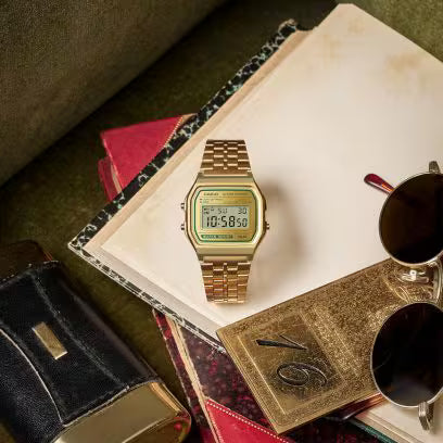 Casio Unisex Watch Digital Dial with Gold stainless steel Band, A158WEGV-9ADF