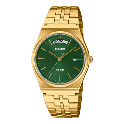 Casio men analog watch, green dial with gold stainless steel band, model CS-MTP-B146G-3AVDF, Bahrain