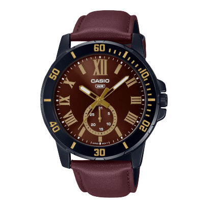 Casio, Men’s Watch Analog,Maroon Dial Maroon Leather Band, MTP-VD200BL-5BU