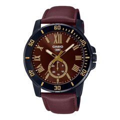 Casio, Men’s Watch Analog,Maroon Dial Maroon Leather Band, MTP-VD200BL-5BU