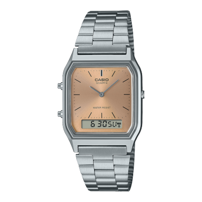 Casio Vintage Unisex Watch Analog-Digital Beige Dial With Silver Stainless Steel Band, AQ-230A-4AMQYDF