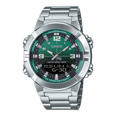 Casio men analog watch, green dial with silver stainless steel band, model CS-AMW-870DA-3AVDF, Bahrain