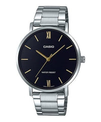 Casio Men's Watch Analog, Black Dial Silver Stainless Steel Strap, MTP-VT01D-1BUDF