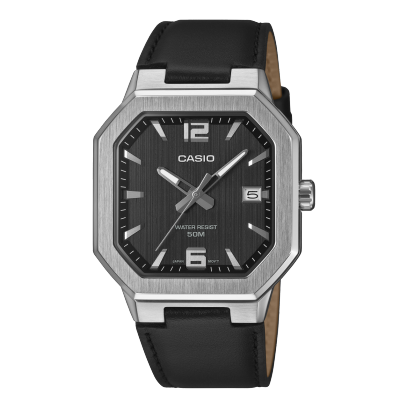 Casio men analog watch, black dial with leather strap, model CS-MTP-B195L-1AVDF, Bahrain