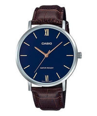 Casio, Men’s Watch Analog, Blue Dial Brown Leather Band, MTP-VT01L-2BUDF