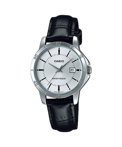 Casio, Women’s Watch Analog, Silver Dial Black Leather Band, LTP-V004L-7AUDF