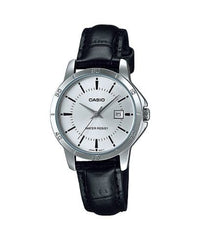 Casio, Women’s Watch Analog, Silver Dial Black Leather Band, LTP-V004L-7AUDF