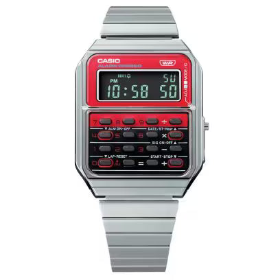 Casio Vintage Unisex Watch Digital Red Dial With Silver Stainless Steel Band, CA-500WE-4BDF