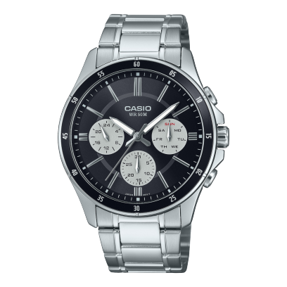 Casio men analog watch, black dial with silver stainless steel band, model CS-MTP-1374D-1A3VDF, Bahrain
