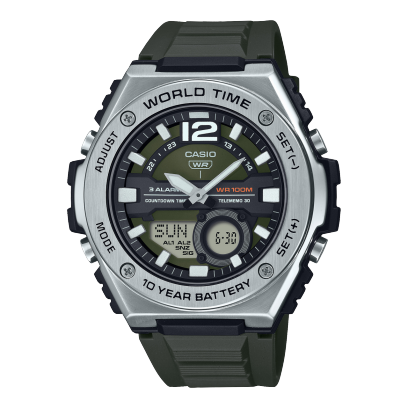 Casio men analog watch, black dial with green resin band, model CS-MWQ-100-3AVDF, Bahrain