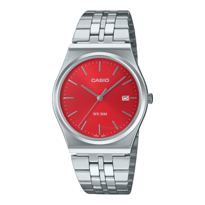 Casio men analog watch, red dial with silver stainless steel band, model CS-MTP-B145D-4A2VDF, Bahrain