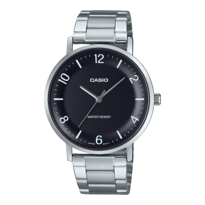 Casio men analog watch, black dial with silver stainless steel band, model CS-MTP-VT03D-1BDF, Bahrain