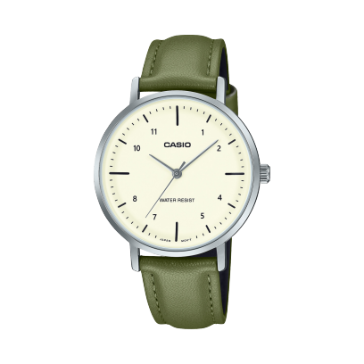 Casio men analog watch, white dial with green leather strap, model CS-LTP-VT03L-3BDF, Bahrain