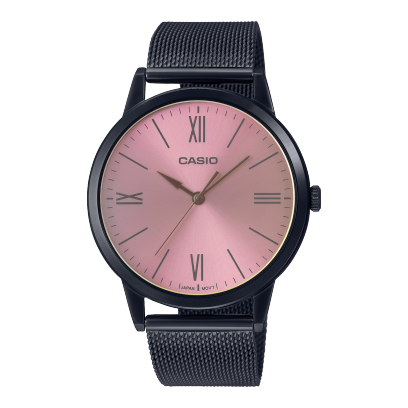 Casio,Men's Watch Analog, Pink Dial Black Stainless Steel Mesh Band, MTP-E600MB-4BDF