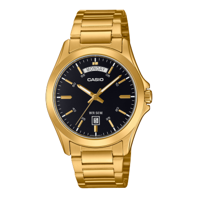 Casio men analog watch, black-111 dial with gold stainless steel band, model CS-MTP-1370G-1AVDF, Bahrain