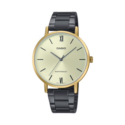 Casio, Womenâ€™s Watch Analog, Beige Dial Black Stainless Steel Band, LTP-VT01GB-9BUD