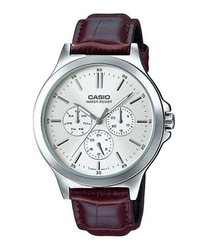 Casio, Men’s Watch Analog, Silver Dial Brown Leather Band, MTP-V300L-7AUDF