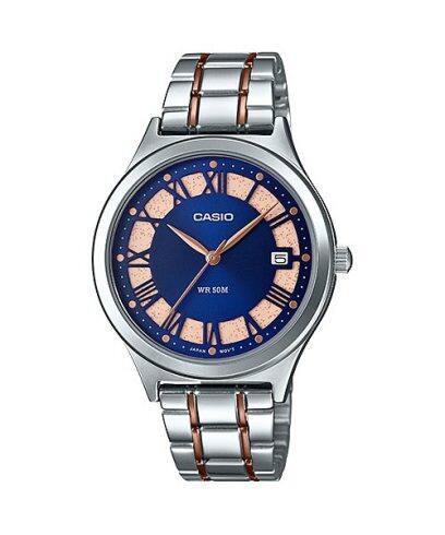 Casio, Womenâ€™s Watch Fashion Collection Analog, Rose Gold Blue Dial Silver Stainless Steel, LTP-E141RG-2AVD